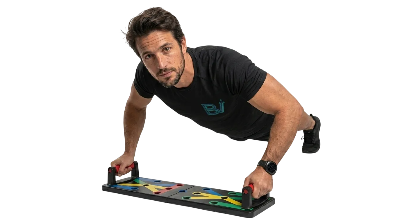 Hombre haciendo flexiones apoyado en una tabla de flexiones