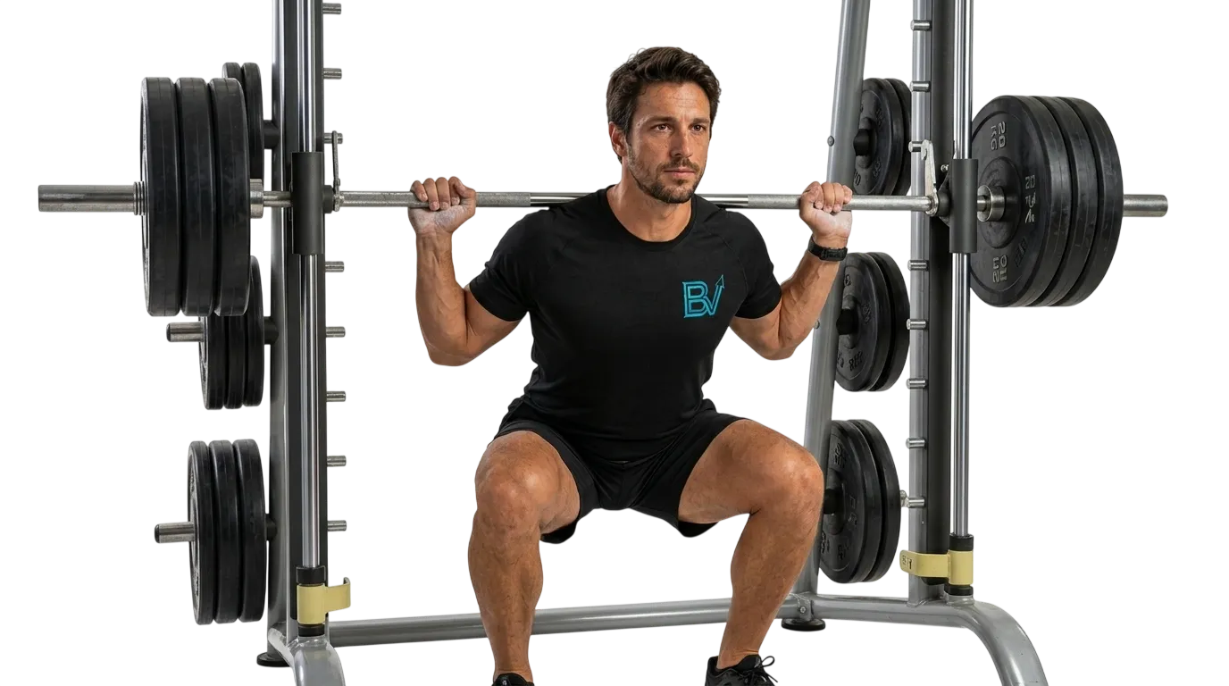 Persona realizando una sentadilla con barra en un gimnasio