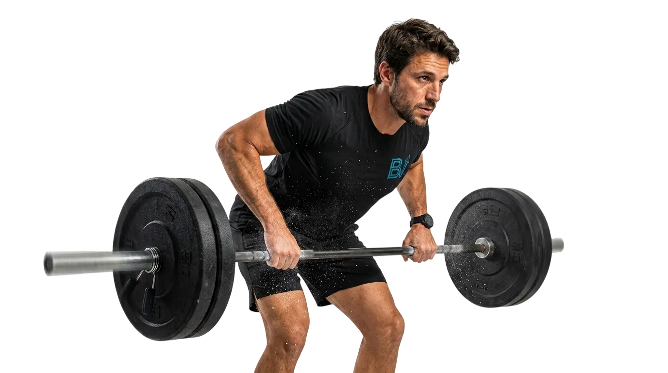 Atleta ejecutando un remo con barra durante una sesión de fuerza