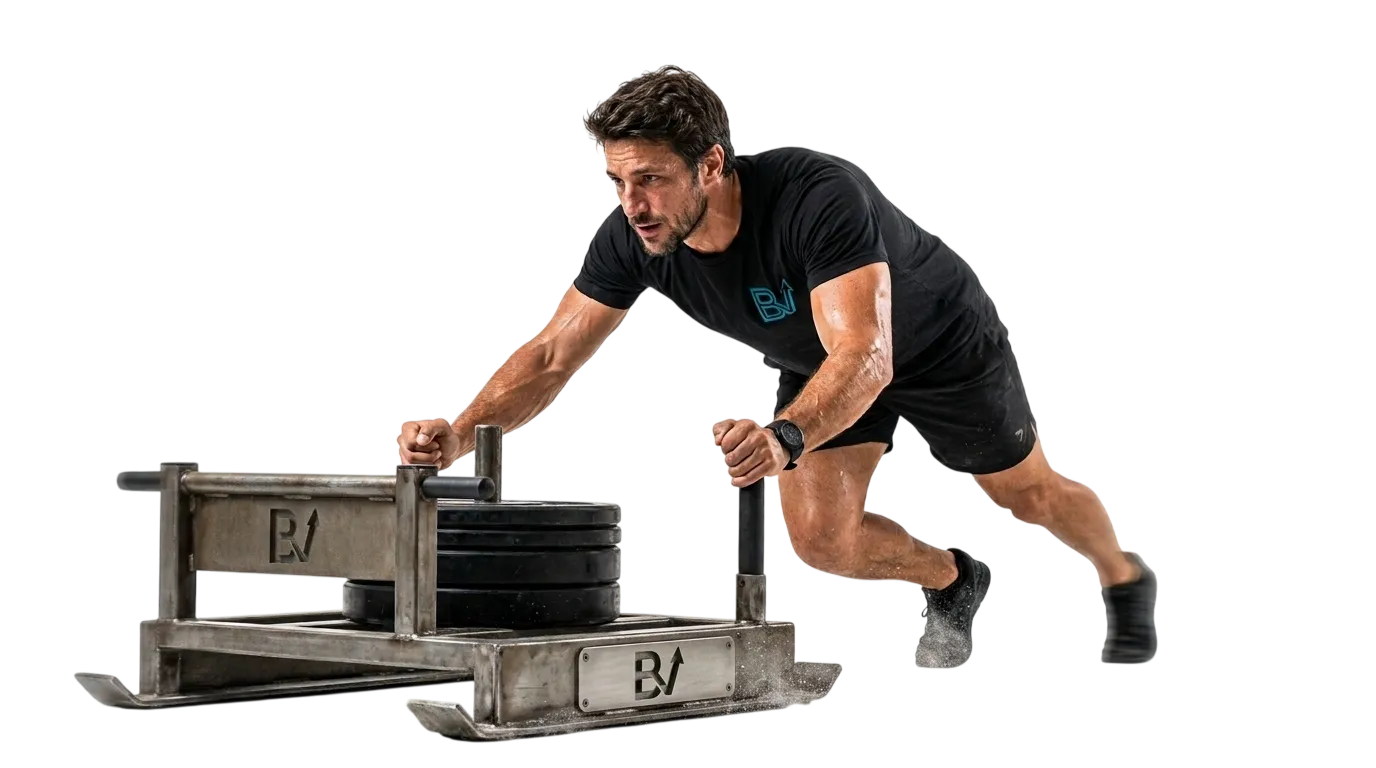 Atleta empujando un trineo de carga durante un entrenamiento tipo HYROX