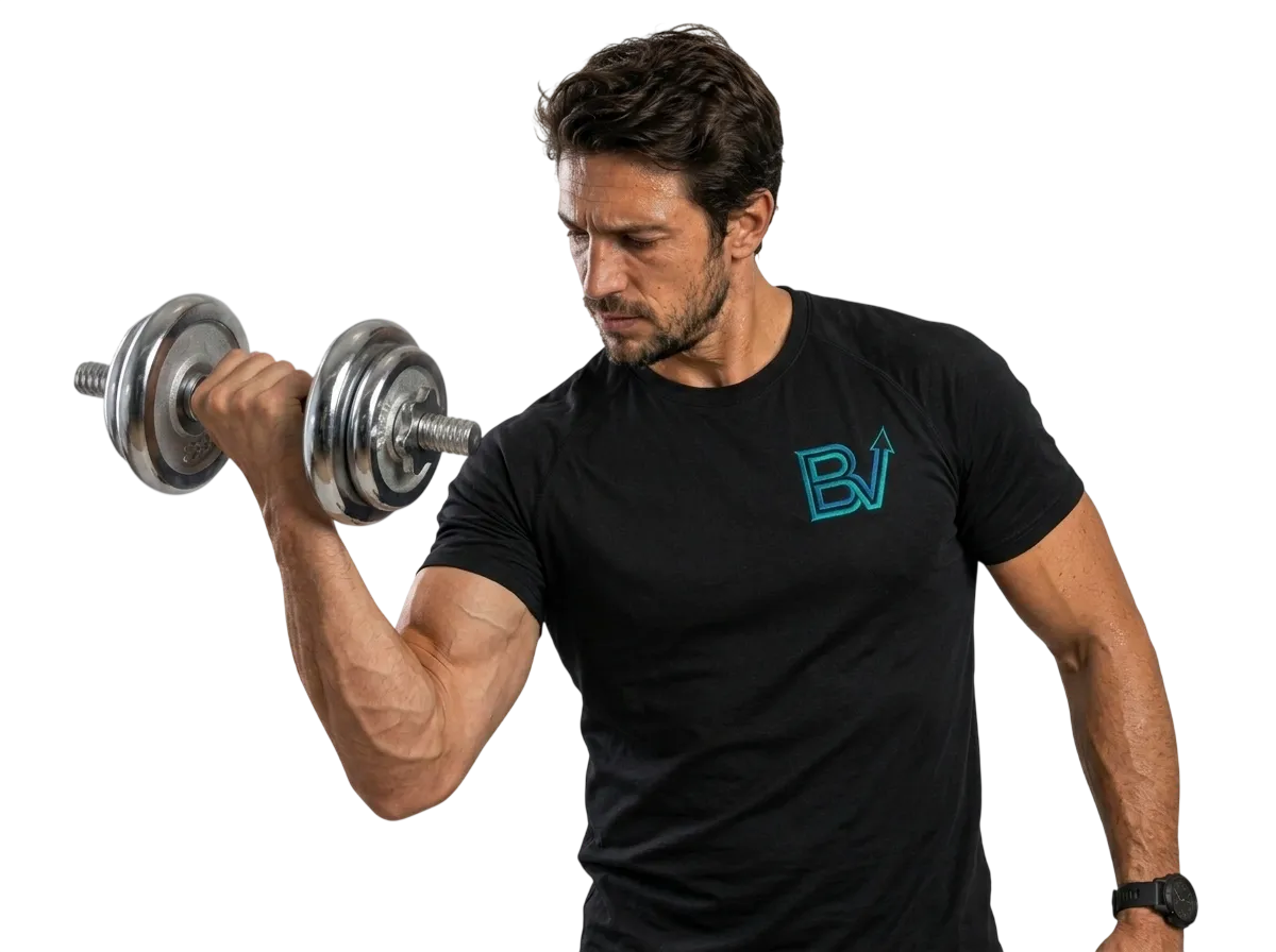 Hombre ejecutando un curl de bíceps con mancuerna durante una sesión de musculación