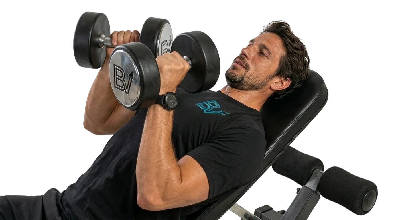 Persona ejecutando un press con mancuernas en banco durante una sesión de musculación